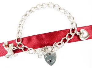 Vintage Fully Hallmarked Sterling Silver Cat Heart Charm Bracelet 1977