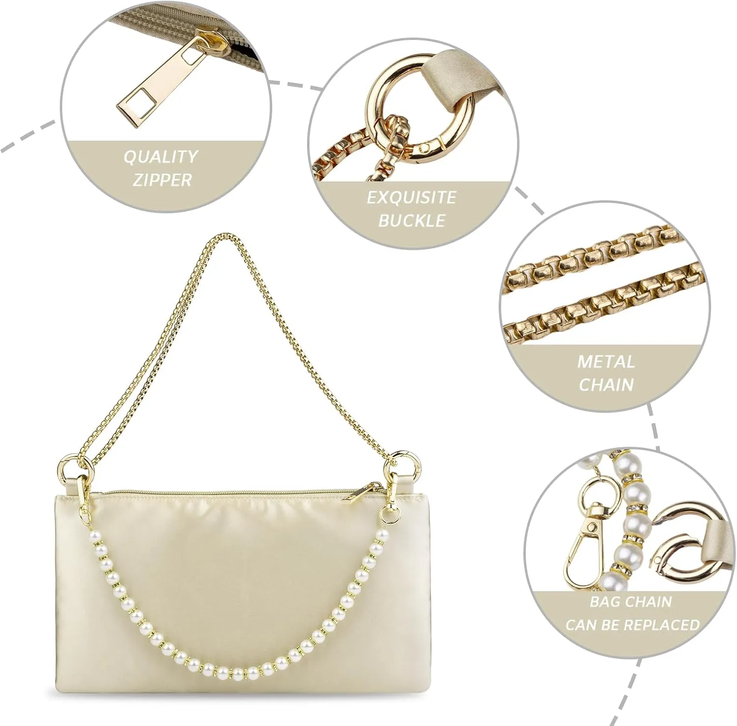 Women Satin Evening Handbag Wedding Prom Clutch Purse Formal Cocktail Party Clutches Shoulder Bag with 2 Bag Chains