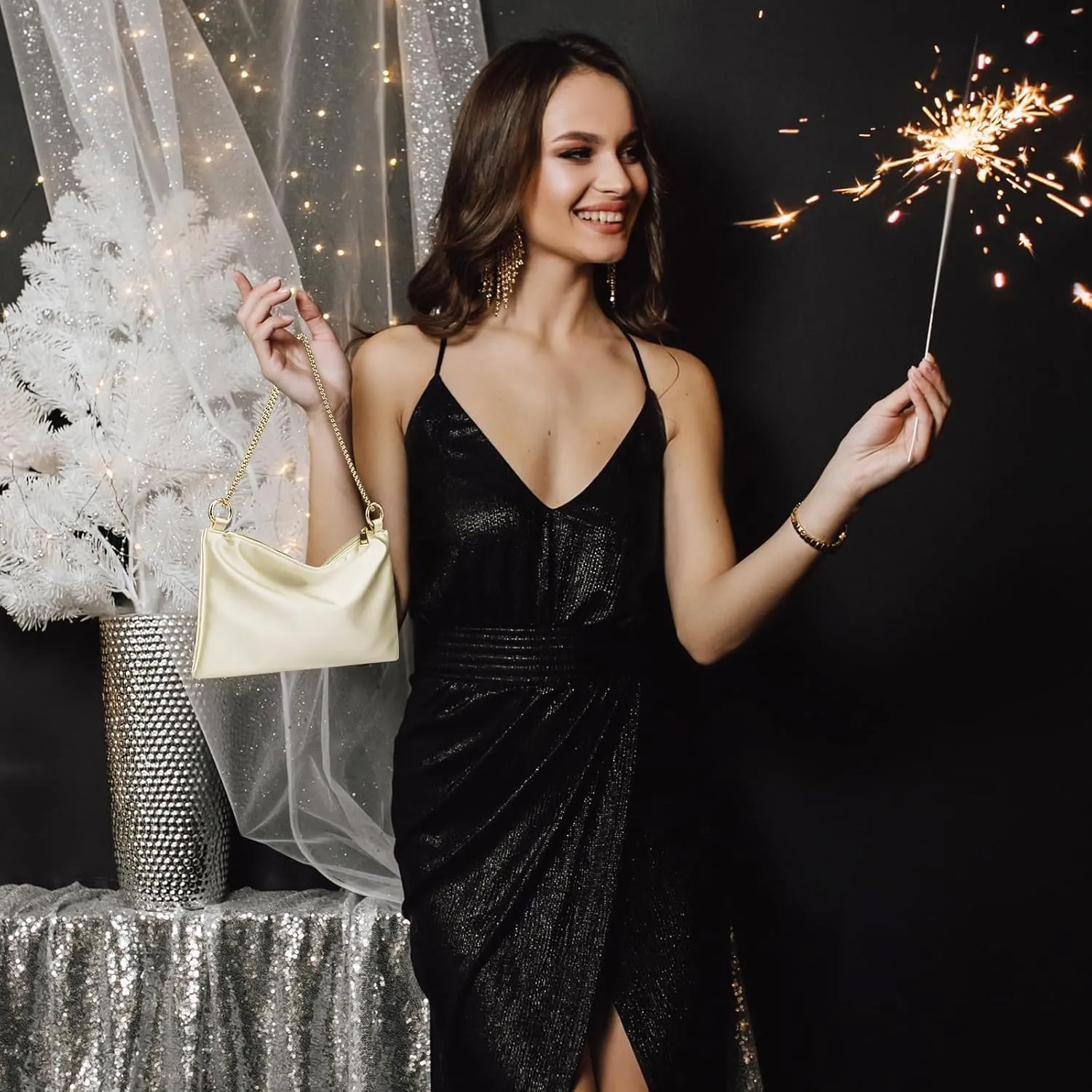 Women Satin Evening Handbag Wedding Prom Clutch Purse Formal Cocktail Party Clutches Shoulder Bag with 2 Bag Chains