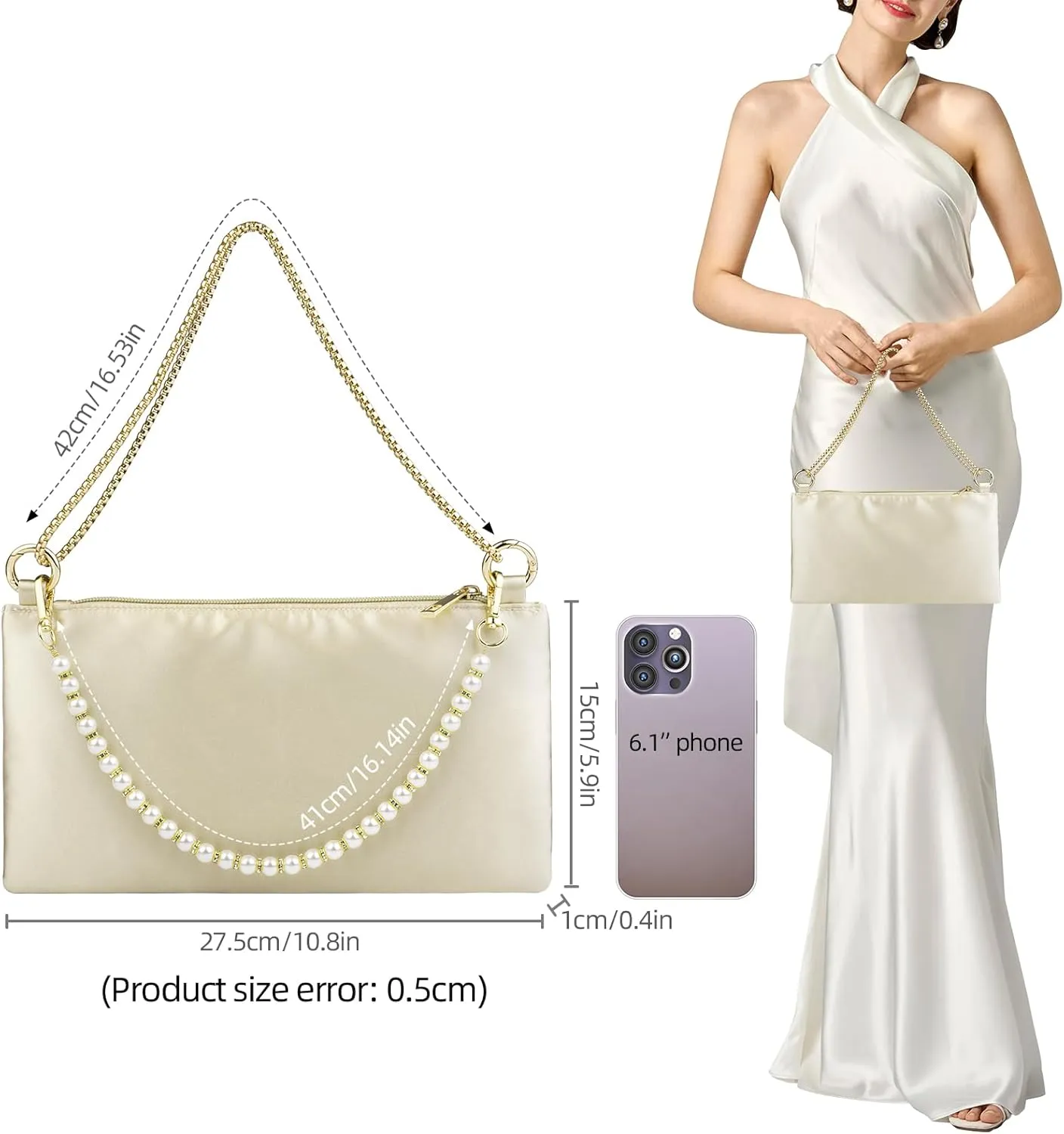 Women Satin Evening Handbag Wedding Prom Clutch Purse Formal Cocktail Party Clutches Shoulder Bag with 2 Bag Chains