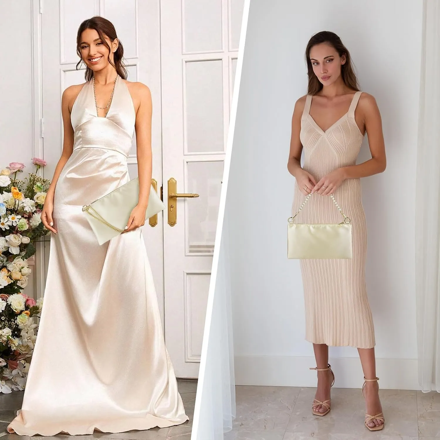 Women Satin Evening Handbag Wedding Prom Clutch Purse Formal Cocktail Party Clutches Shoulder Bag with 2 Bag Chains