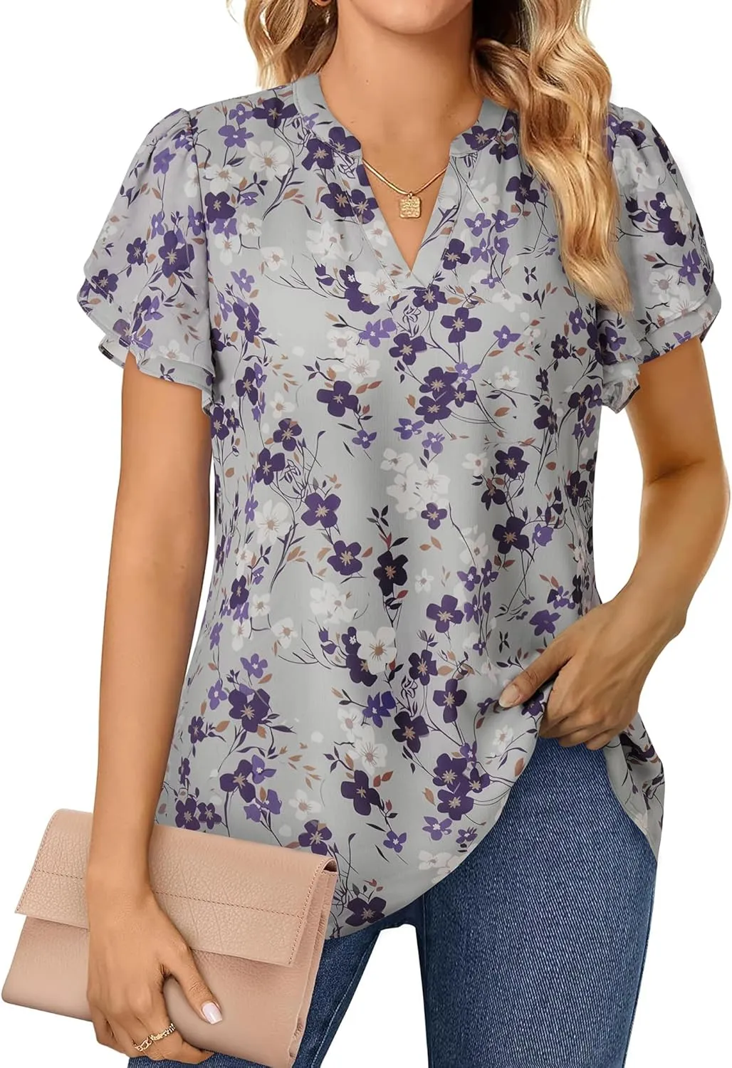 Women Tops Dressy Casual Short Sleeve Blouses Petal Ruffle Shirts V Neck Chiffon Work Business Tunic Double Layer