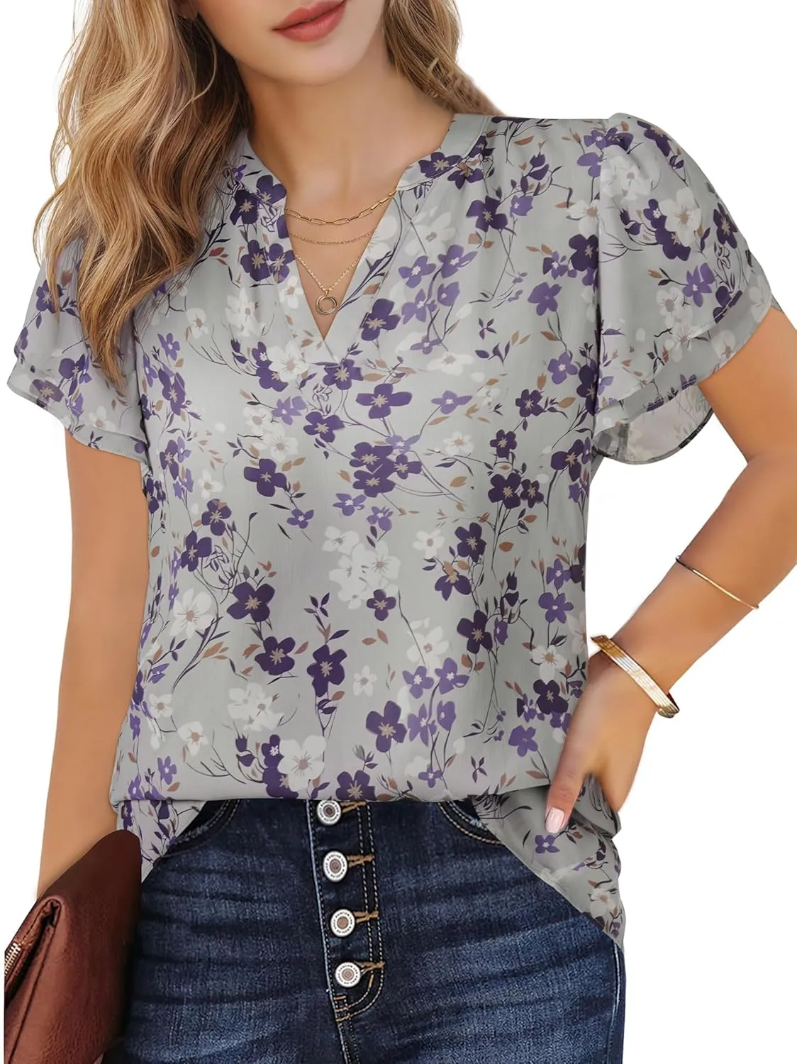 Women Tops Dressy Casual Short Sleeve Blouses Petal Ruffle Shirts V Neck Chiffon Work Business Tunic Double Layer