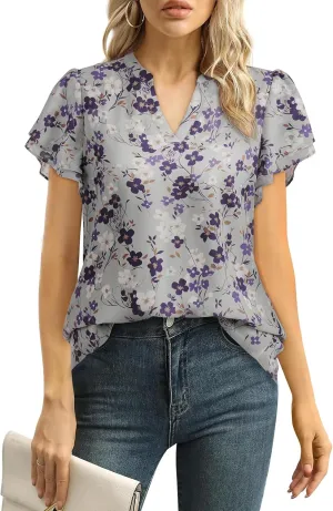 Women Tops Dressy Casual Short Sleeve Blouses Petal Ruffle Shirts V Neck Chiffon Work Business Tunic Double Layer